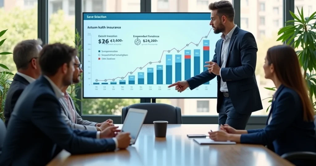 Consultor financeiro mostrando opções de planos de saúde empresariais para uma equipe em reunião